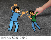 Concept of bullying and a school bully threat as a childhood fear psychology as an afraid child drawing an abuser intimidating a vulnerable victim in a 3D illustration style. Стоковое фото, агентство Ingram Publishing / Фотобанк Лори