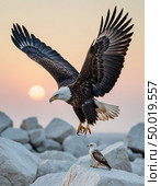 An eagle teaches an eaglet to fly, white cliffs and a gentle dawn. Photorealistic surrealism. Стоковое AI-изображение, AI-художник Анна Никонорова / Фотобанк Лори