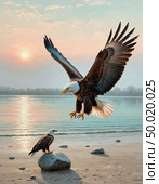 An eagle teaches its eaglet to fly at dawn. Стоковое AI-изображение, AI-художник Анна Никонорова / Фотобанк Лори