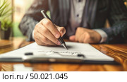 Close-up of a persons hands penning a signature on a formal document, with a wooden desk and blurred background. Стоковое AI-изображение, AI-художник Данила Большаков / Фотобанк Лори
