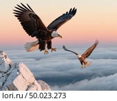 An eagle teaches an eaglet to fly, white cliffs and a gentle dawn. Photorealistic surrealism. Стоковое AI-изображение, AI-художник Анна Никонорова / Фотобанк Лори