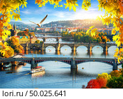 Row of bridges in Prague at autumn day. Стоковое фото, агентство Ingram Publishing / Фотобанк Лори