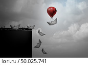 Insurance business plan and corporate liability protection concept as a paper boat lifted away from doom with 3D illustration elements. Стоковое фото, агентство Ingram Publishing / Фотобанк Лори