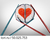 Valentine dinner for two as a saint valentines celebration of love with food as chopsticks coming together joining as a romantic couple with sushi shaped as a heart symbol with 3D illustration elements. Стоковое фото, агентство Ingram Publishing / Фотобанк Лори