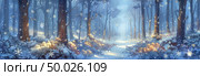 A painting depicting a winding snowy path cutting through a dense forest, surrounded by snow-covered trees and bushes under a grey sky. Стоковое AI-изображение, AI-художник Данила Большаков / Фотобанк Лори