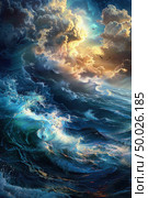 Storm-tossed ocean waves catch the suns rays breaking through tumultuous clouds, conveying a sense of natures power. Стоковое AI-изображение, AI-художник Данила Большаков / Фотобанк Лори