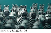 A herd of zebras standing closely together, with their iconic black and white stripes visible. Zebras appear social and united in their group. Стоковое AI-изображение, AI-художник Данила Большаков / Фотобанк Лори