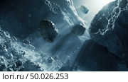 Sunbeams pass between asteroids in the vastness of space, creating a serene interstellar scene. Стоковое AI-изображение, AI-художник Данила Большаков / Фотобанк Лори