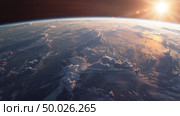 A view of Earth from the space shuttle, showcasing the planets curvature, atmosphere, oceans, and landmasses as seen from outer space. Стоковое AI-изображение, AI-художник Данила Большаков / Фотобанк Лори