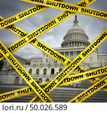 American shutdown and USA shut down or United States federal government stalemate due to spending bill disagreement with the left and the right as a national finance symbol with yellow hazard tape in a 3D illustration style. Стоковое фото, агентство Ingram Publishing / Фотобанк Лори