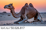 Dying camel in the desert on white sand at sunset. Стоковое AI-изображение, AI-художник Анна Никонорова / Фотобанк Лори