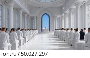 Congregation listening to preacher in white temple. Стоковое AI-видео, аниматор Юрий Поздников / Фотобанк Лори