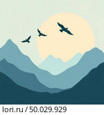 Majestic mountains rise against a calming sky, while birds glide effortlessly above. The warm glow of sunset bathes the scene in a soft light, inviting peace and reflection Generative AI. Стоковое AI-изображение, AI-художник Юлия Петровская / Фотобанк Лори