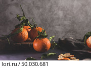 Fresh mandarin oranges or tangerines with leaves on textured dark background. Стоковое фото, агентство Ingram Publishing / Фотобанк Лори