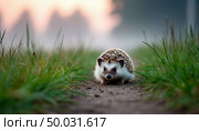 Hedgehog on a path in a field in the fog. AI generated. Стоковое AI-изображение, AI-художник Анна Никонорова / Фотобанк Лори