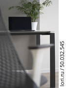 Well-organized ergonomics of work place in the office with natural daylighting. Modern computer table with new laptop and greenery pot at a workspace.. Comfortable office work space with desk, chair, computer display and green pot on a table. Green business office concept. Стоковое фото, агентство Ingram Publishing / Фотобанк Лори