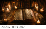 An open book placed in the center of a circle of lit candles, casting a warm glow in a dim room. Стоковое AI-изображение, AI-художник Данила Большаков / Фотобанк Лори
