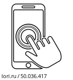Click on touch screen smartphone Modern smartsphone with hand clicking on screen Finger click on mobile phone Action in apps cellphone Using telephone icon black color outline vector illustration flat style simple image. Click on touch screen smartphone Modern smartsphone with hand clicking on screen Finger click on mobile phone Action in apps cellphone Using telephone icon black color outline vector illustration flat style image. Стоковая иллюстрация, агентство Ingram Publishing / Фотобанк Лори