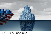 United States economic danger as a trade risk and American business fear as a cargo ship facing a hazardous iceberg as an import and exports industry concept as a 3D illustration. Стоковое фото, агентство Ingram Publishing / Фотобанк Лори