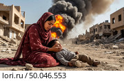 An Arab woman sits over the lifeless body of her young son in the middle of a bombed-out city. Conflict in the Middle East. Стоковое AI-изображение, AI-художник Анна Никонорова / Фотобанк Лори
