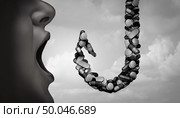 Opioid drug prescription health risk and medical crisis with a painkiller addiction epidemic concept as a group of pills shaped as a hook as a medicine addict problem with 3D illustration elements. Стоковое фото, агентство Ingram Publishing / Фотобанк Лори