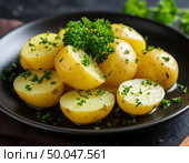Potatoes are disgusting on a dark table. AI generated. Стоковое AI-изображение, AI-художник Анна Никонорова / Фотобанк Лори