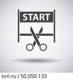Scissors Cutting Tape Between Start Gate Icon on gray background, round shadow. Vector illustration. Стоковая иллюстрация, агентство Ingram Publishing / Фотобанк Лори