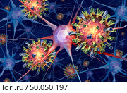 Encephalitis Infection as a measles virus in the brain infecting microscopic neurons as a viral meningitis concept as a 3D rendering. Стоковое фото, агентство Ingram Publishing / Фотобанк Лори