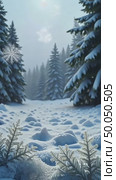A snowy landscape with large snowflakes in the foreground, snowy trees in the background, soft diffused light, frontal view. christmas and new year vibe. Стоковое AI-видео, аниматор Sergey Grishin / Фотобанк Лори