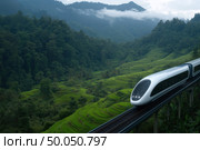 High-speed train running among rice terraces. Стоковое AI-изображение, AI-художник Евгений Харитонов / Фотобанк Лори