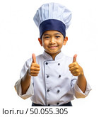 Young Boy in Chefs Hat Giving Thumbs Up. Generative AI. Стоковое AI-изображение, AI-художник Roman Zavorotny / Фотобанк Лори