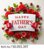 Happy Fathers Day Card With Red Roses. Generative AI. Стоковое AI-изображение, AI-художник Roman Zavorotny / Фотобанк Лори