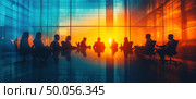 A group of people are sitting around a table in a room with a large window. Стоковое AI-изображение, AI-художник Ярославский Максим / Фотобанк Лори
