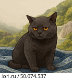The artistic style depicts a sullen black cat with expressive amber eyes, sitting on a blue patterned blanket. The cat has a stern and displeased expression on his face, as if he is annoyed or disappointed with something. In the background, green hills and a waterfall are visible, creating a sense of nature and solitude. The work is done in the style of digital painting or cartoon illustration. Ideal for memes, posters, humorous cards or as a symbol of "tiredness from everything". angry cat. Стоковое AI-изображение, AI-художник Анна Кривицкая / Фотобанк Лори