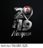 Happy New Year 2019 Grey Typography with French Polynesia Flag Location Pin. Country Flag  Design. Стоковая иллюстрация, агентство Ingram Publishing / Фотобанк Лори
