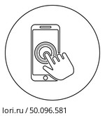 Click on touch screen smartphone Modern smartsphone with hand clicking on screen Finger click on mobile phone Action in apps cellphone Using telephone icon in circle round outline black color vector illustration flat style simple image. Стоковая иллюстрация, агентство Ingram Publishing / Фотобанк Лори