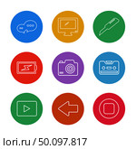 message , monitor , cutter , battery , click , casette , play ,youtube , left ,arrow , stop , icon, vector, design,  flat,  collection, style, creative,  icons. Стоковая иллюстрация, агентство Ingram Publishing / Фотобанк Лори