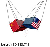 USA and China trade war and American tariffs as two opposing cargo freight containers in conflict as an economic dispute over import and exports concept as a 3D illustration isolated on a white background. Стоковое фото, агентство Ingram Publishing / Фотобанк Лори