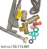Разводной ключ, краны и фитинги на белом фоне. Diverter wrench, faucets and fittings on white background. Стоковое фото, фотограф Татьяна Д / Фотобанк Лори