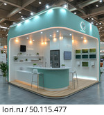 A modern exhibition stand with a minimalist design in light turquoise and white tones. The interior is decorated in a high-tech style: smooth surfaces, built-in lighting, decorative plants, a bar counter with high stools, a refrigerator and a touch screen. The exposition is neatly and professionally arranged, with an emphasis on cleanliness, ecology and innovation. Such a space is great for showcasing products or services related to technology, healthy lifestyle or eco-friendly solutions. Стоковое AI-изображение, AI-художник Анна Кривицкая / Фотобанк Лори