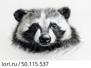 A black and white portrait of a raccoon, made using the technique of graphic pencil drawing. Detailed fur, expressive eyes and soft shading make the image especially realistic and alive. On a white background, the raccoon's face becomes the center of attention, creating a minimalist but expressive composition. This drawing can be used in design projects, poster design, printing, logos or as a decorative element. Стоковое AI-изображение, AI-художник Анна Кривицкая / Фотобанк Лори
