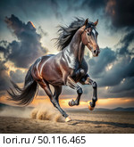 Majestic Black Horse Galloping in Dirt. Generative AI. Стоковое AI-изображение, AI-художник Roman Zavorotny / Фотобанк Лори