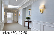 Elegant hallway with modern wall sconces and table decor. Стоковое AI-изображение, AI-художник Юрий Поздников / Фотобанк Лори