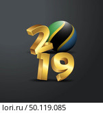 2019 Golden Typography with Tanzania Flag. Happy New Year Lettering. Стоковая иллюстрация, агентство Ingram Publishing / Фотобанк Лори