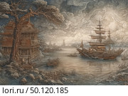 Atmospheric fantasy illustration in vintage style, depicting an old sailboat off the coast of a fairy-tale city. In the foreground is a majestic tree and oriental architecture, immersed in a mesmerizing haze. The waves seem alive, the sky is filled with swirls, creating a sense of mysticism and an epic journey. The picture is made in rich graphics with warm sepia and intricate details. Suitable for themes: fantasy, adventure, seafaring, historical romanticism, mythology. Стоковое AI-изображение, AI-художник Анна Кривицкая / Фотобанк Лори