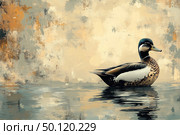 An aesthetic digital illustration of a duck on a calm water surface. The duck is detailed and realistic, and the background is made in the abstract painting technique with soft transitions of shades of gray, ocher and beige. The picture creates a feeling of silence, solitude and contemplation. Due to the combination of a natural object and an artistic background, the image is ideal for interior design, postcards, posters, covers, as well as for use in the design of websites dedicated to nature, tranquility, meditation and aesthetics. Стоковое AI-изображение, AI-художник Анна Кривицкая / Фотобанк Лори