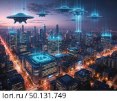 A cityscape with a futuristic vibe. Стоковое AI-изображение, AI-художник Ярославский Максим / Фотобанк Лори