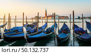 Moored Gondolas at venetian sunrise in front of San Giorgio Maggiore. Стоковое фото, агентство Ingram Publishing / Фотобанк Лори