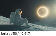 Astronaut gazes at distant sun while sitting on lunar surface during a serene moment in space. Стоковое AI-изображение, AI-художник Михаил Коханчиков / Фотобанк Лори