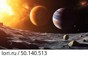 Few planets in orbit around a distant star with surface view of a celestial body at sunset. Стоковое AI-изображение, AI-художник Михаил Коханчиков / Фотобанк Лори
